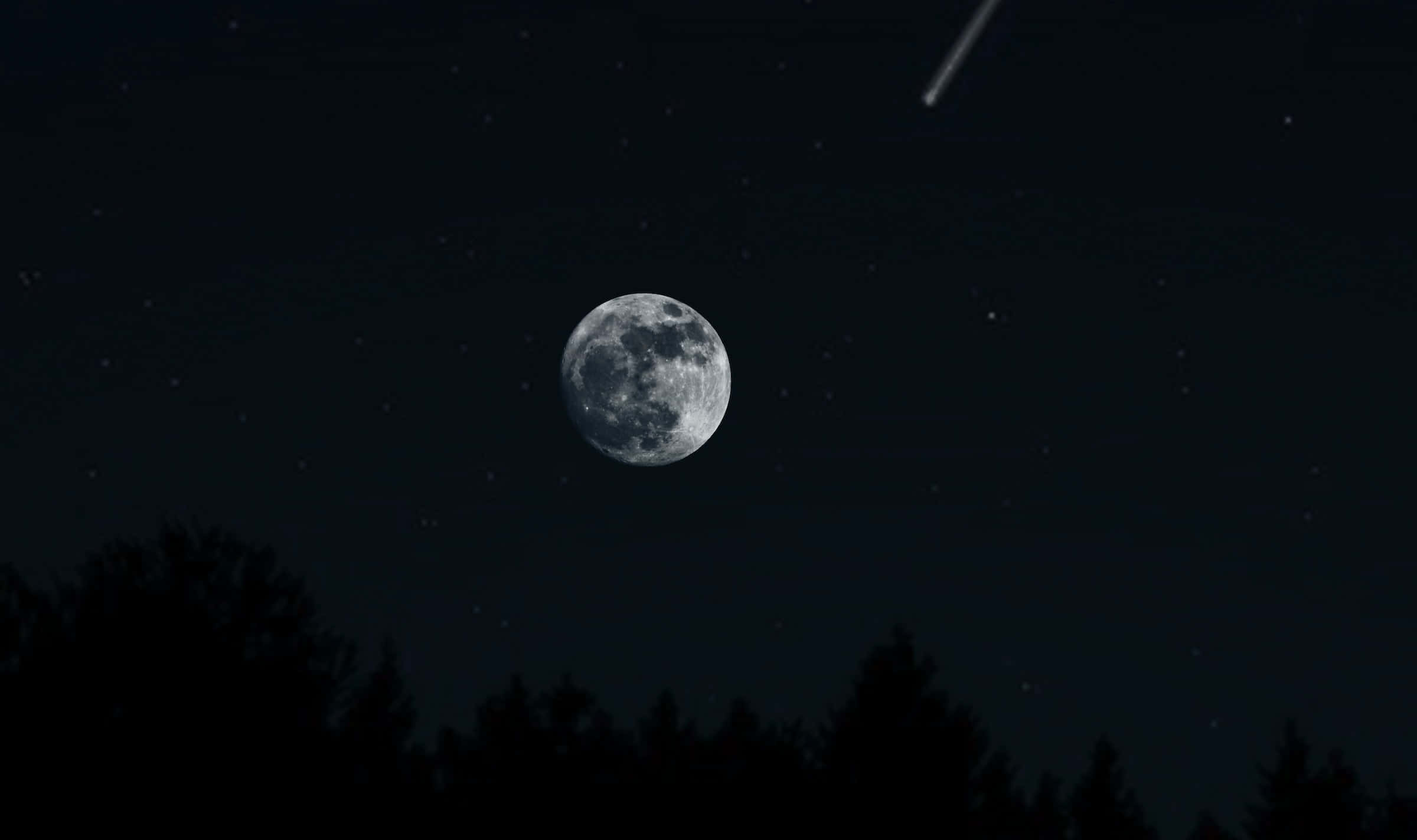 Dark Moon 桌布 壁紙 — 一輪滿月在黑暗的森林剪影上方發光，一顆流星劃過繁星點點的夜空。