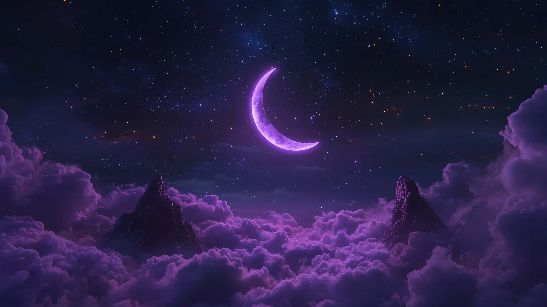 夜間雲層中紫色新月在山峰之上