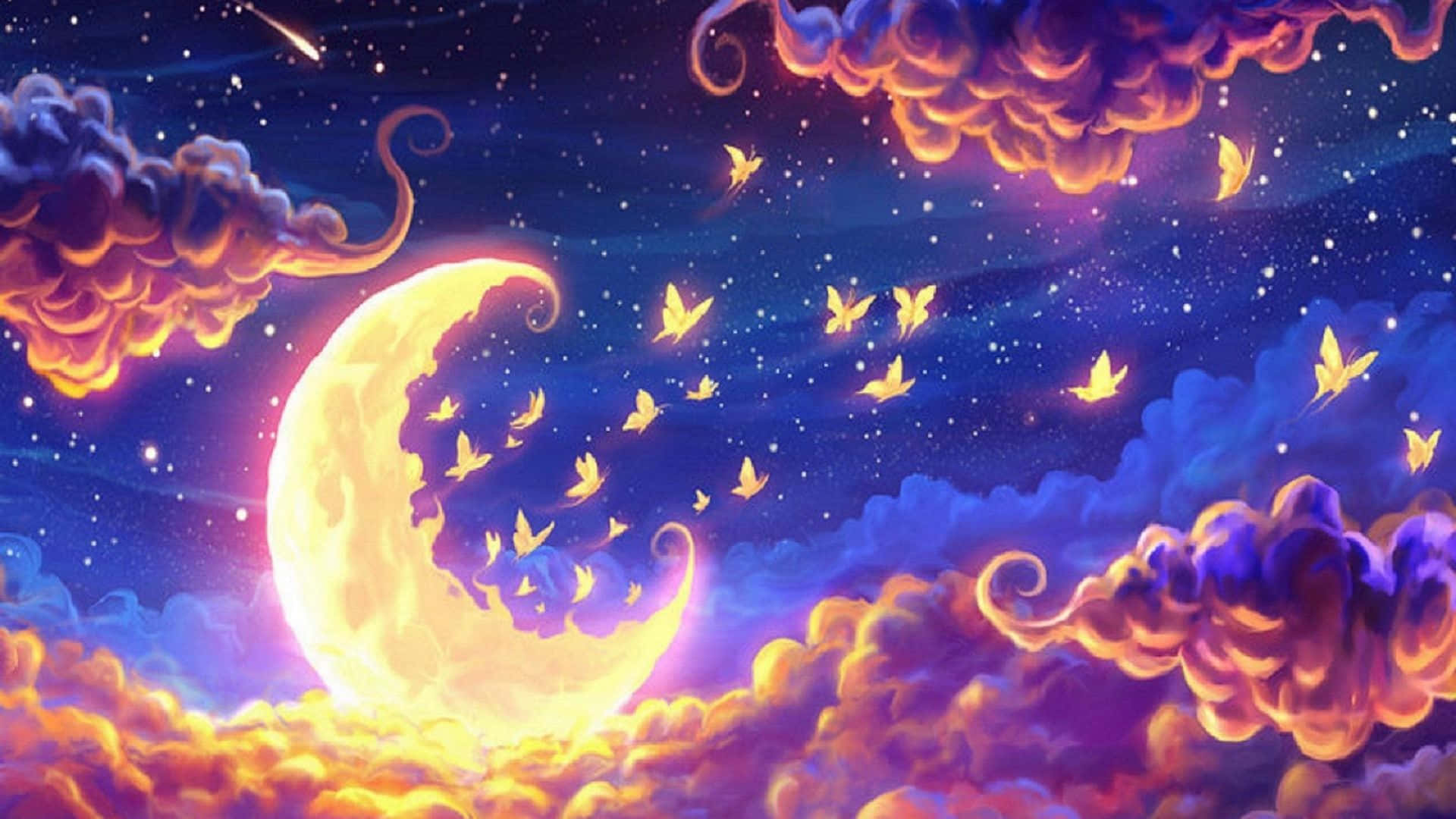 dreamy 桌布 壁紙 — 一輪發光的彎月，被旋轉的紫色和橙色雲朵環繞，金色蝴蝶在繁星點點的夜空中飛舞。