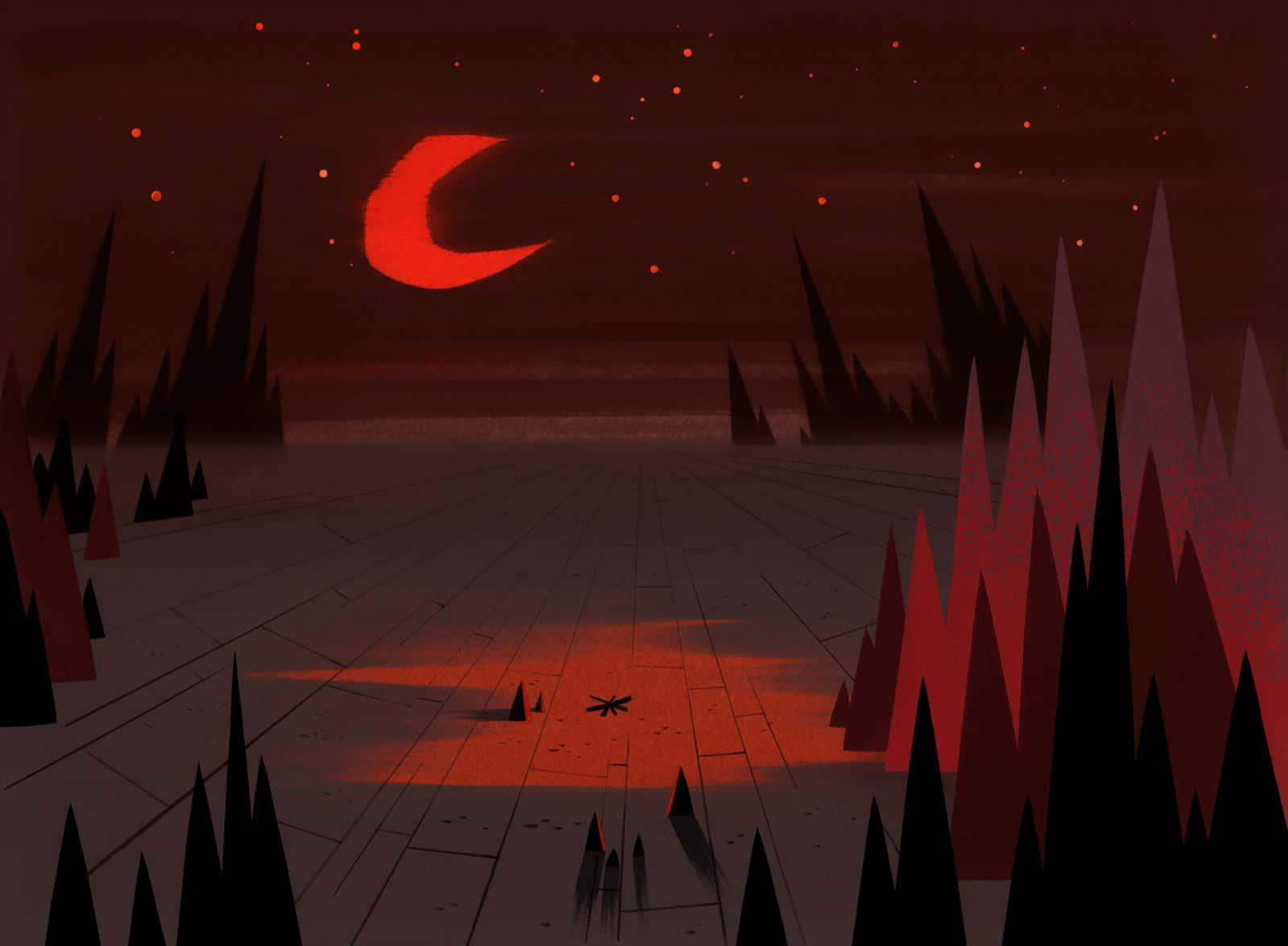 samurai jack 桌布 壁紙 — 一輪超現實的深紅色新月懸掛在荒涼的幾何景觀之上，景觀中有尖銳的尖塔，瓷磚地面上有發光的紅色倒影。