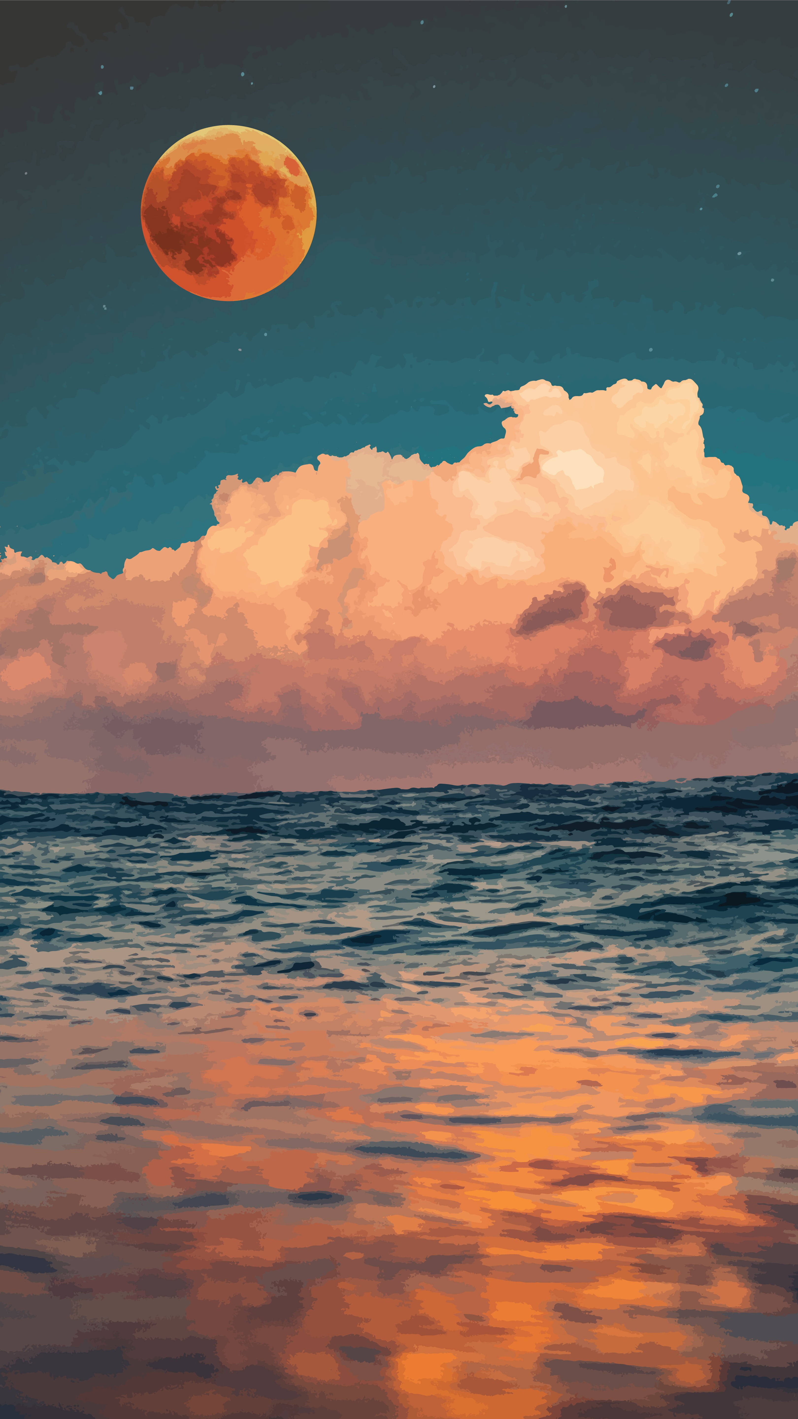 Aesthetic Sunset 桌布 壁紙 — 一輪鮮豔的橙色月亮懸掛在波濤洶湧的海洋上空，透過粉紅色和青綠色的雲層反射其光芒，下方是繁星點點的夜空。