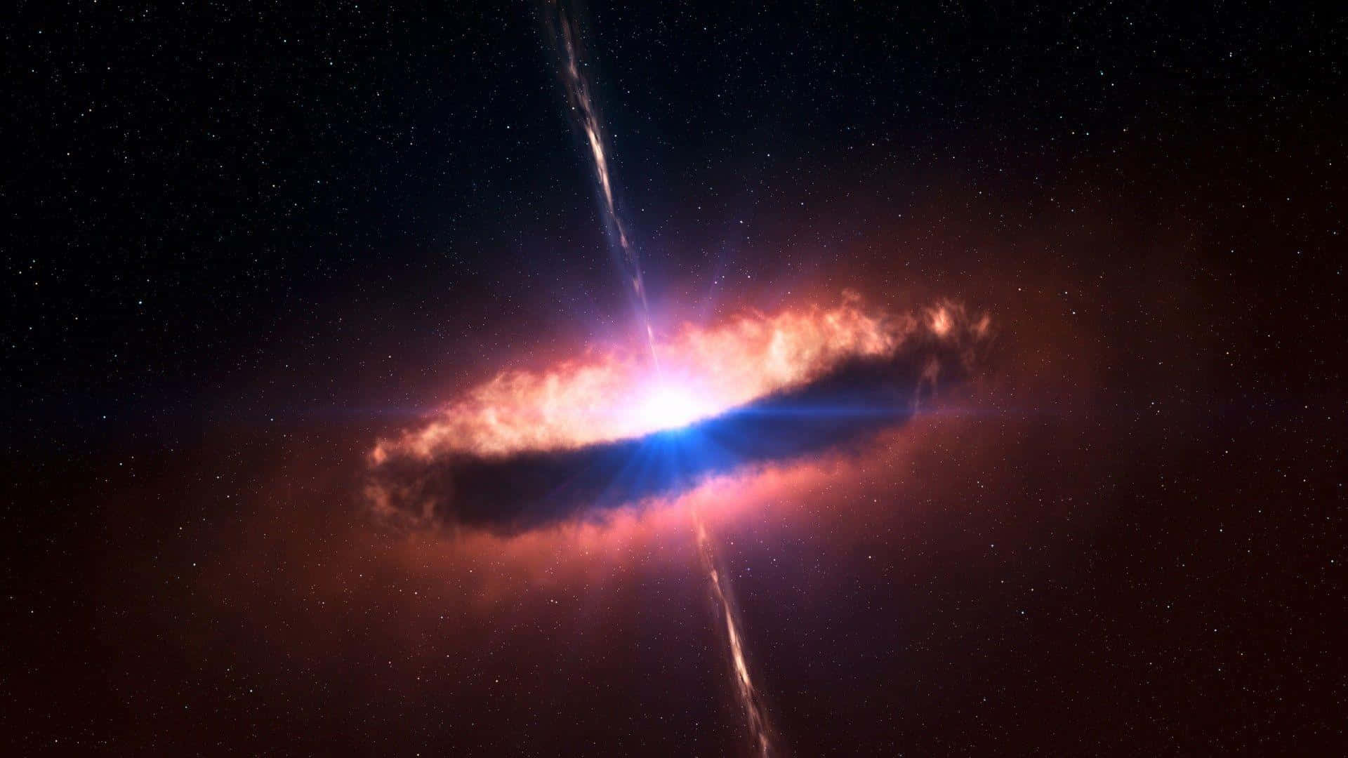 Quasar 桌布 壁紙 — 一道充滿活力的宇宙噴流從發光的星系核心噴出，背景是星場。