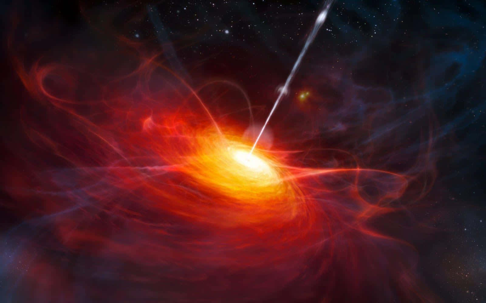 Quasar 桌布 壁紙 — 一道宇宙噴流從一個發光的吸積盤中噴出，該吸積盤在繁星點點的黑暗太空背景下旋轉著火紅和橙色的氣體。