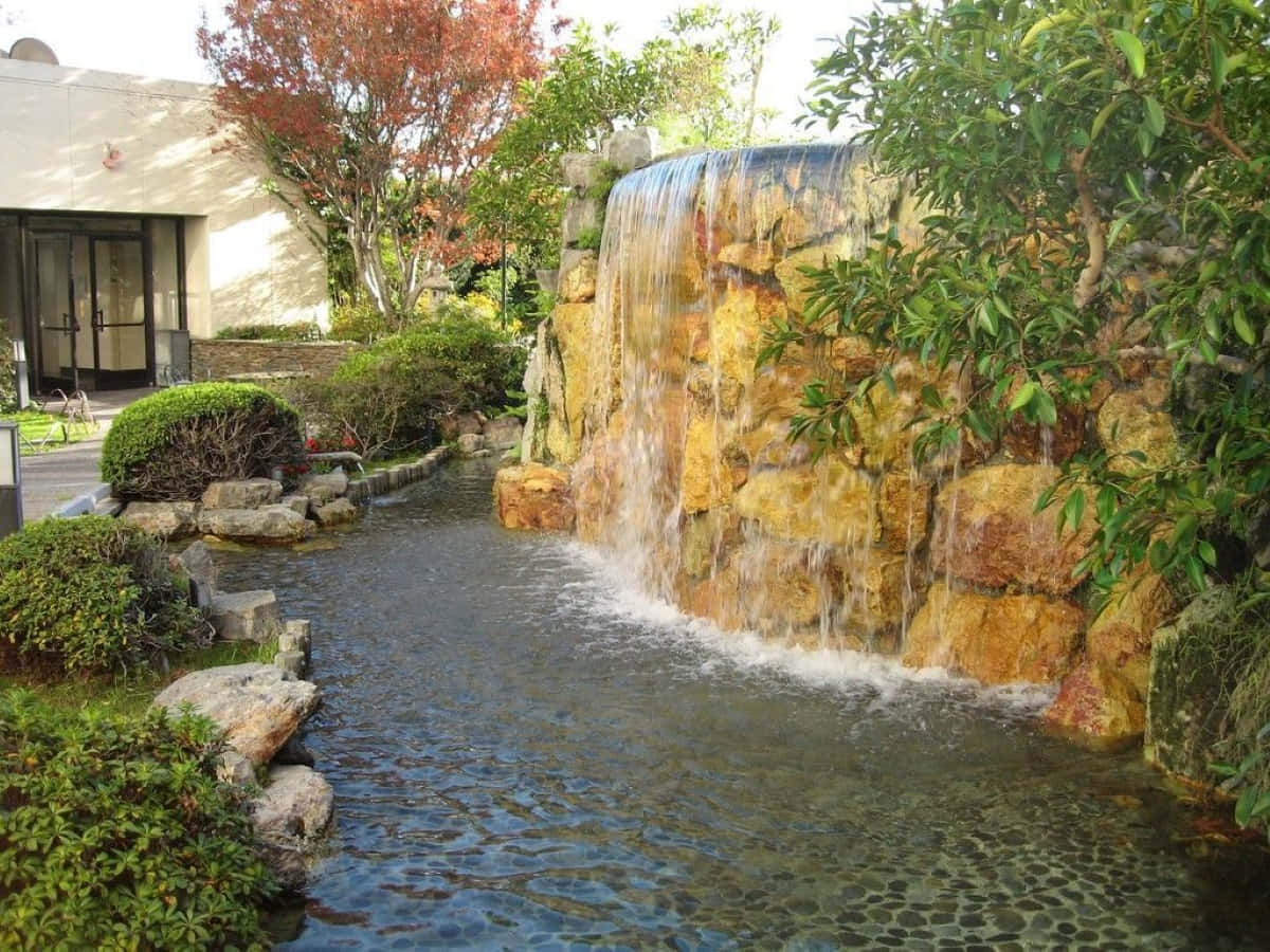 3d Waterfall 桌布 壁紙 — 一道寧靜的瀑布從金色岩石上傾瀉而下，流入清澈的水池，四周環繞著茂密的綠植和秋葉。