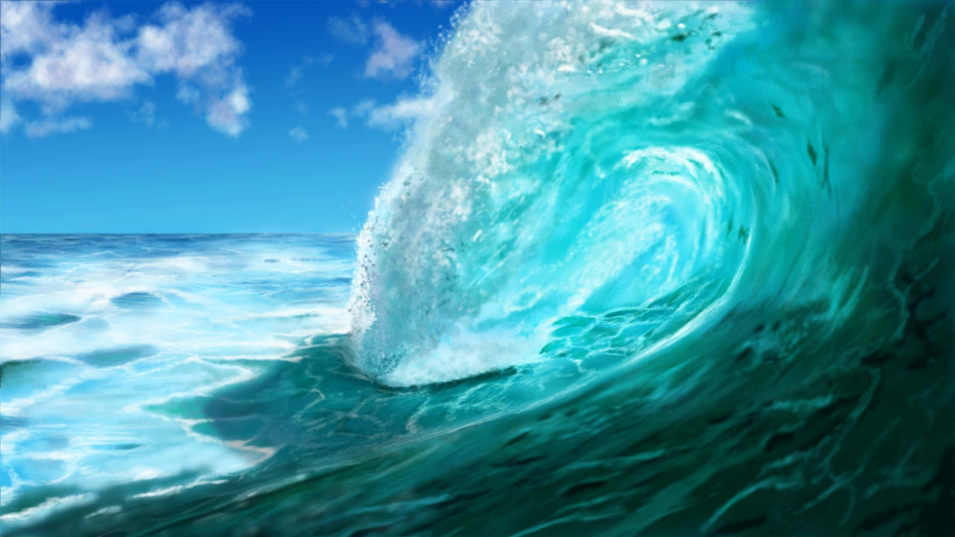 海浪 桌布 壁紙 — 一道巨大的藍綠色海浪強力捲起，映襯著晴朗藍天與零星白雲。