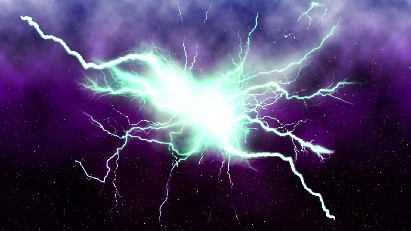Purple Lightning 桌布 壁紙 — 一道明亮的綠色閃電在充滿星星的宇宙紫色和黑色天空中分叉。