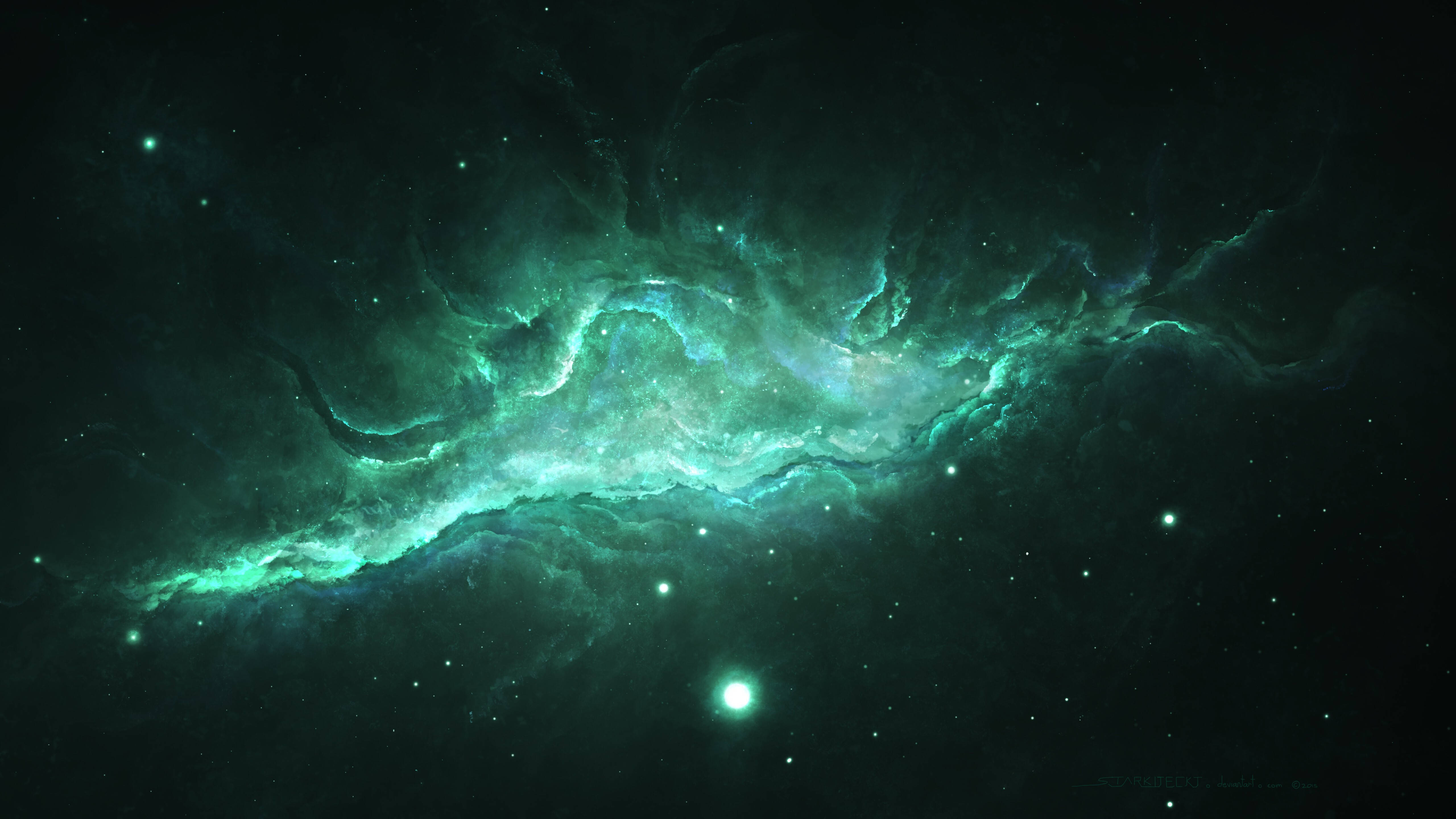 迷幻 桌布 壁紙 — 一道明亮的青綠色星雲在深邃的太空中旋轉，點綴著閃爍的星星，襯托著黑色的虛空。