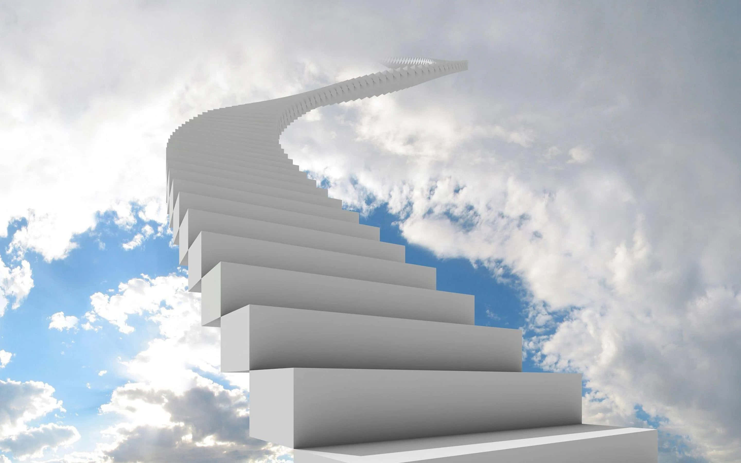 Stairway To Heaven 桌布 壁紙 — 一道時尚的白色樓梯彎曲向上，伸入點綴著蓬鬆白雲的明亮藍天。