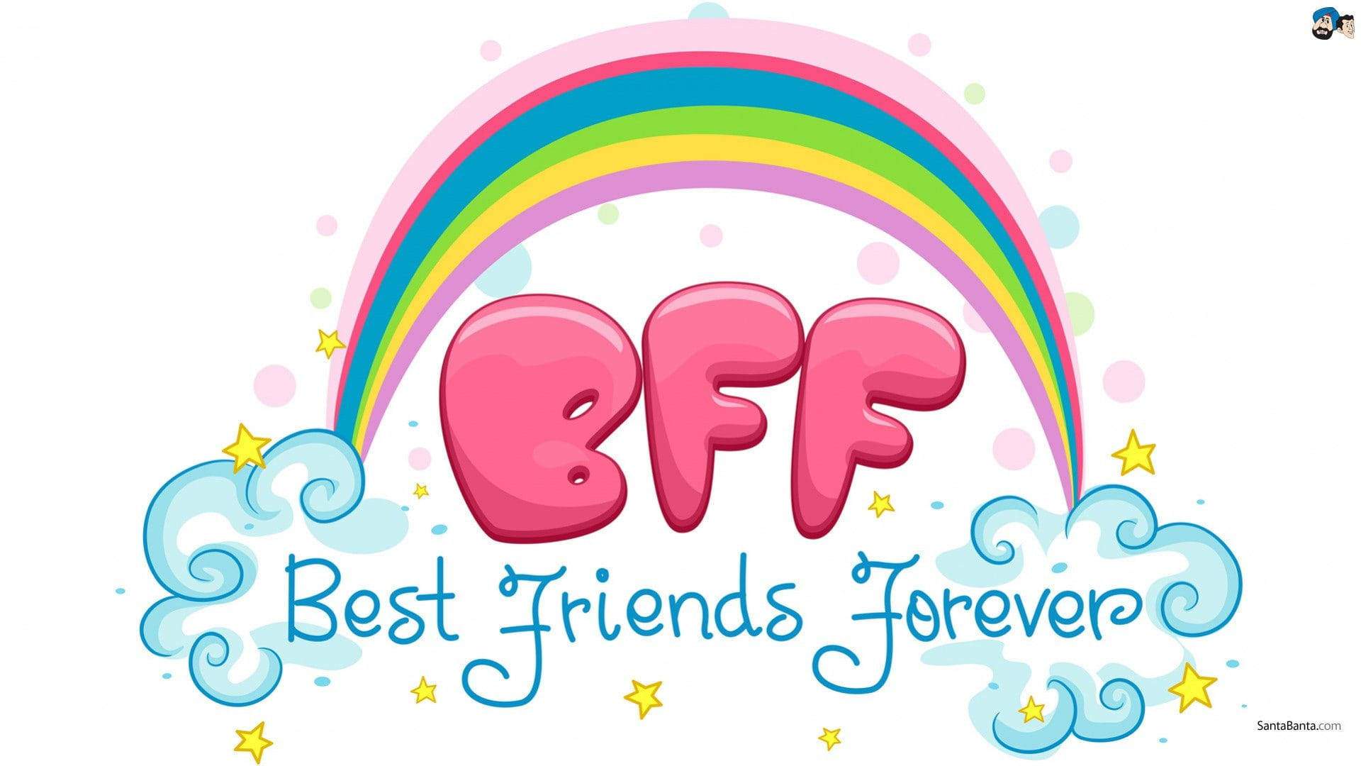 Best Friends Forever 桌布 壁紙 — 一道歡樂的卡通彩虹拱起在閃亮的粉紅色 BFF 字母上，伴隨著旋轉的雲朵和閃爍的星星。