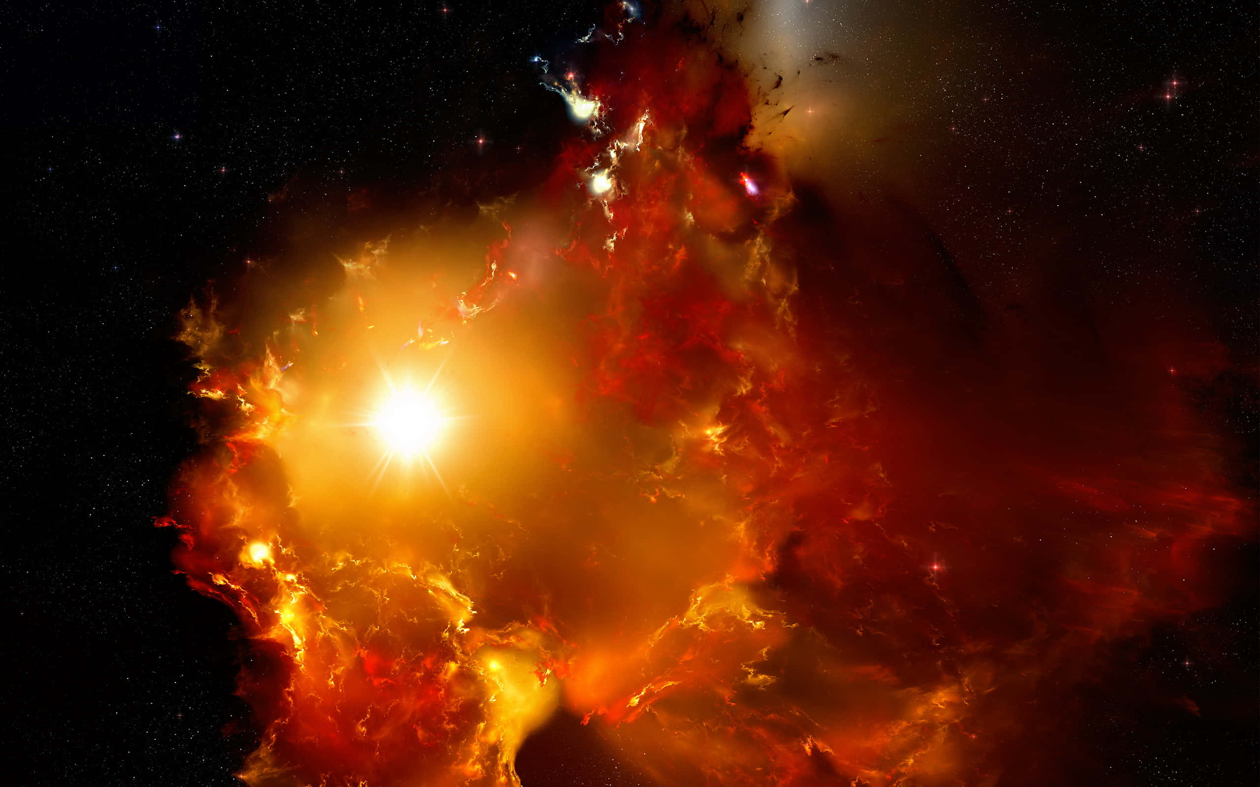 Cosmic Rays 桌布 壁紙 — 一道燦爛的星爆照亮了在繁星點點的黑色虛空中旋轉的紅色、橙色和黃色宇宙雲。