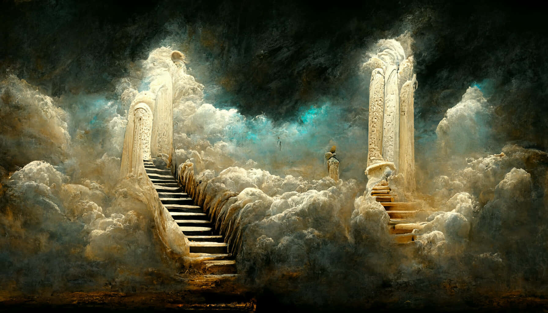 Stairway To Heaven 桌布 壁紙 — 一道由石頭雕刻而成的神秘樓梯，穿過旋轉的雲層，通往一個發光的天界傳送門。