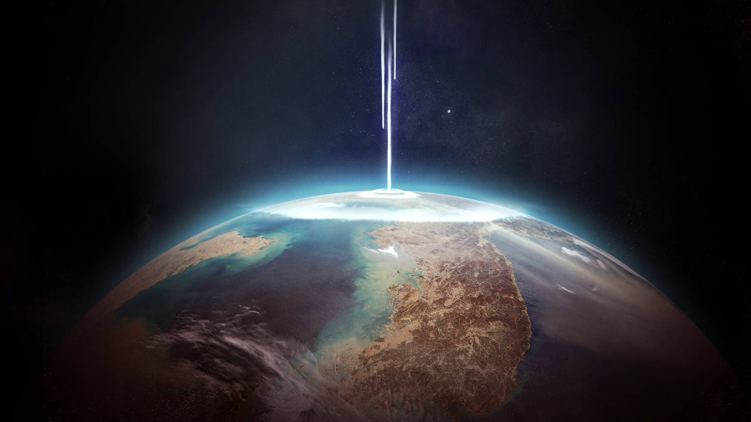 外太空 桌布 壁紙 — 一道發光的光束從太空降臨到地球彎曲的地平線上，下方是沙漠和海洋。