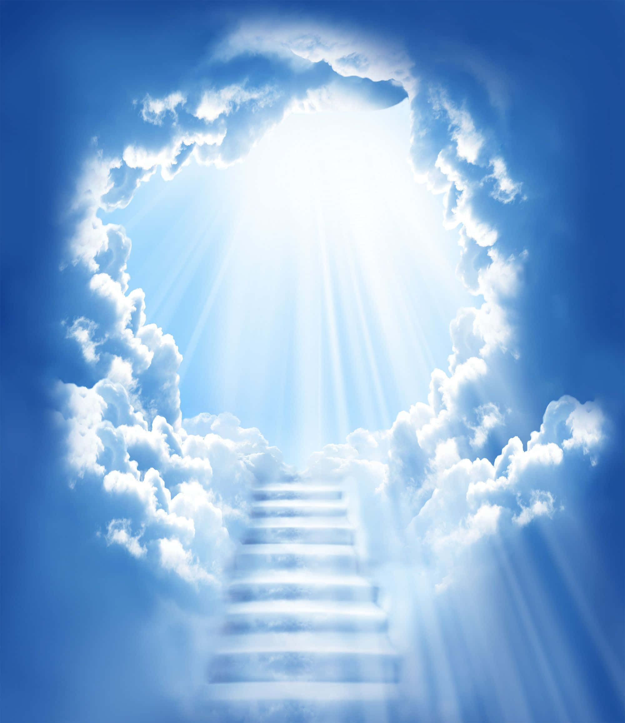 Jesus Resurrection 桌布 壁紙 — 一道發光的樓梯穿過 fluffy 雲朵中的圓形開口，向著耀眼的天堂之光上升。