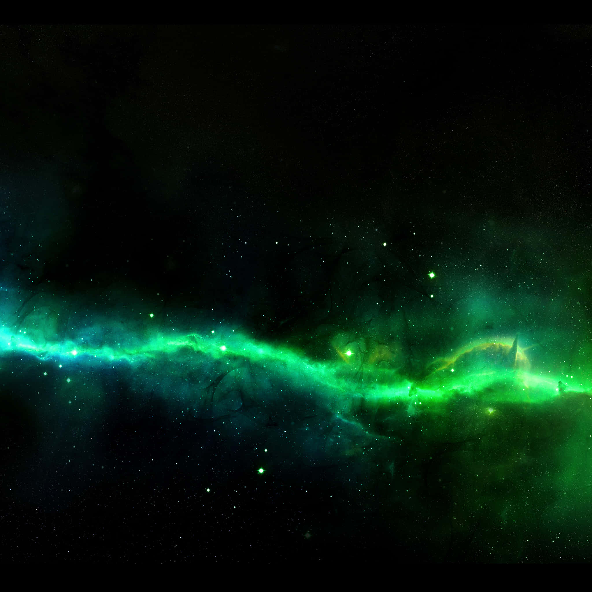 美學 iPad 壁紙 桌布 壁紙 — 一道發光的綠色星雲劃過佈滿星辰的宇宙虛空，伴隨著發光的氣體雲和散落的明亮星星。