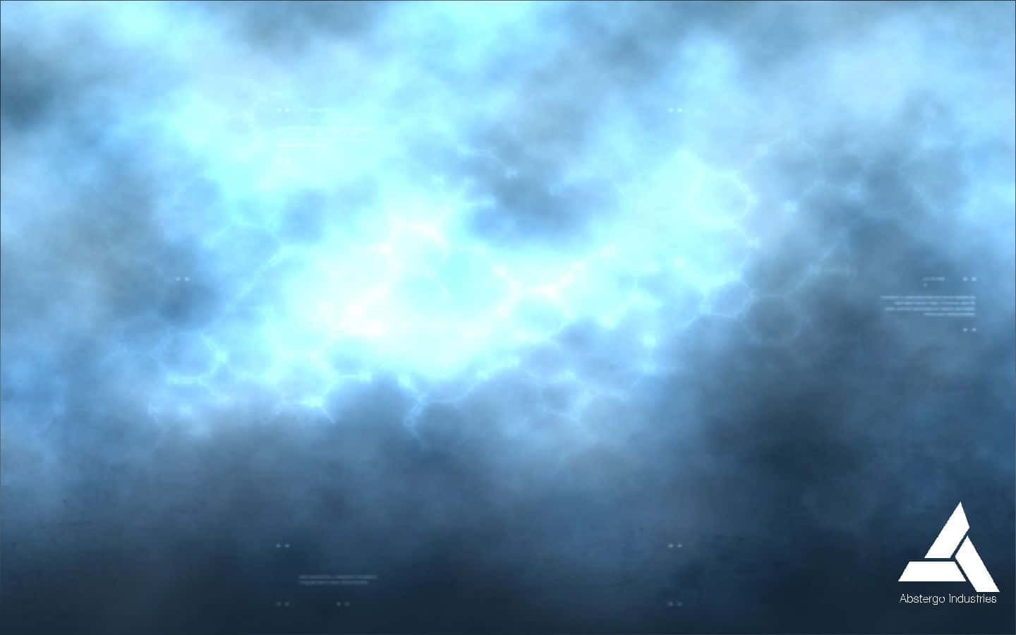 Abstergo 桌布 壁紙 — 一道發光的藍色能量爆發穿過旋轉的烏雲，帶有微弱的數位介面疊加層。