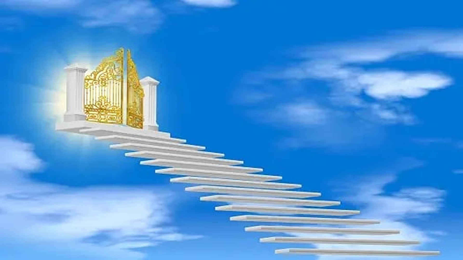 Eternal Life 桌布 壁紙 — 一道發光的金色大門，位於白色樓梯頂端，通往有 fluffy 雲朵的明亮藍天。