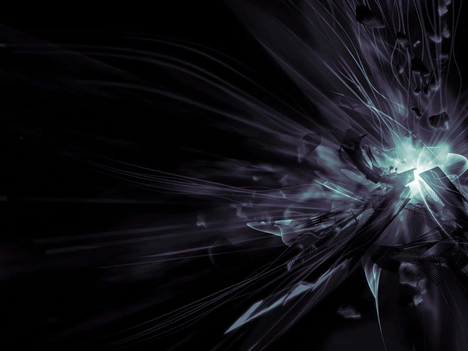 Dark Energy 桌布 壁紙 — 一道耀眼的青色爆炸從黑暗虛空中爆發，將光線條紋和碎片向外射出，形成動態的數位爆發。