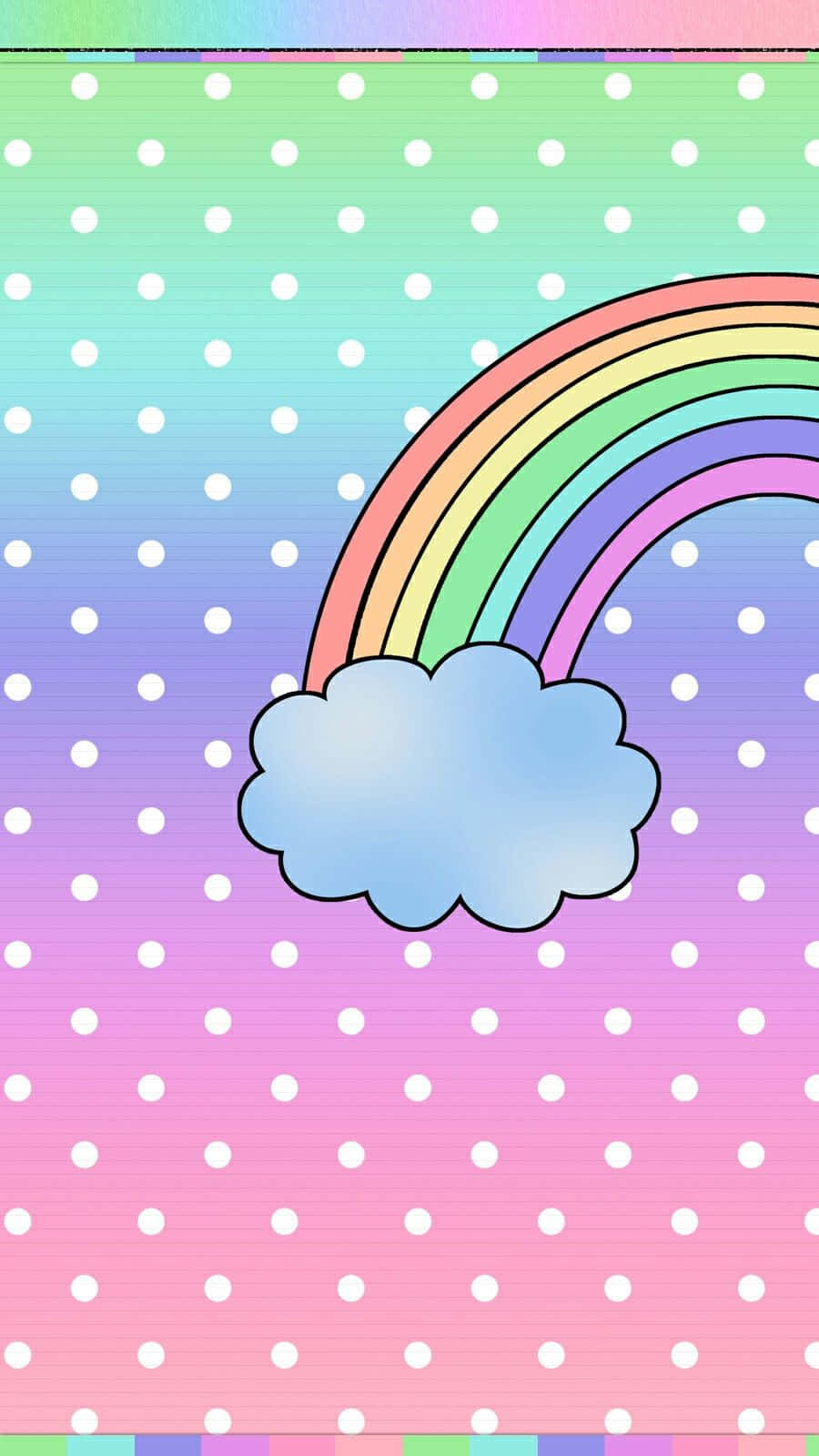 Kawaii Rainbow 桌布 壁紙 — 一道色彩繽紛的卡通彩虹從一朵蓬鬆的雲朵中拱起，背景是帶有白色圓點的漸變粉彩天空。