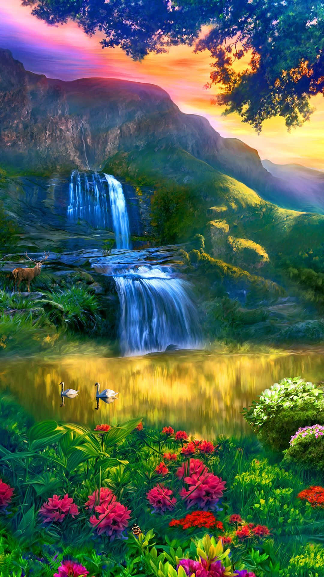 Picturesque 桌布 壁紙 — 一道雄偉的瀑布在日落時分穿過充滿活力的山谷傾瀉而下，四周環繞著茂密的綠植和盛開的花朵，前景有天鵝悠然滑行。