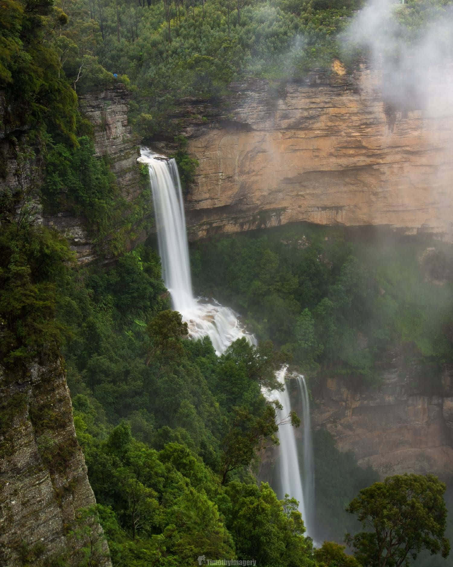 Blue Mountains National Park 桌布 壁紙 — 一道雄偉的瀑布從崎嶇的懸崖峭壁傾瀉而下，周圍環繞著茂密的綠色森林和霧氣騰騰的水霧。