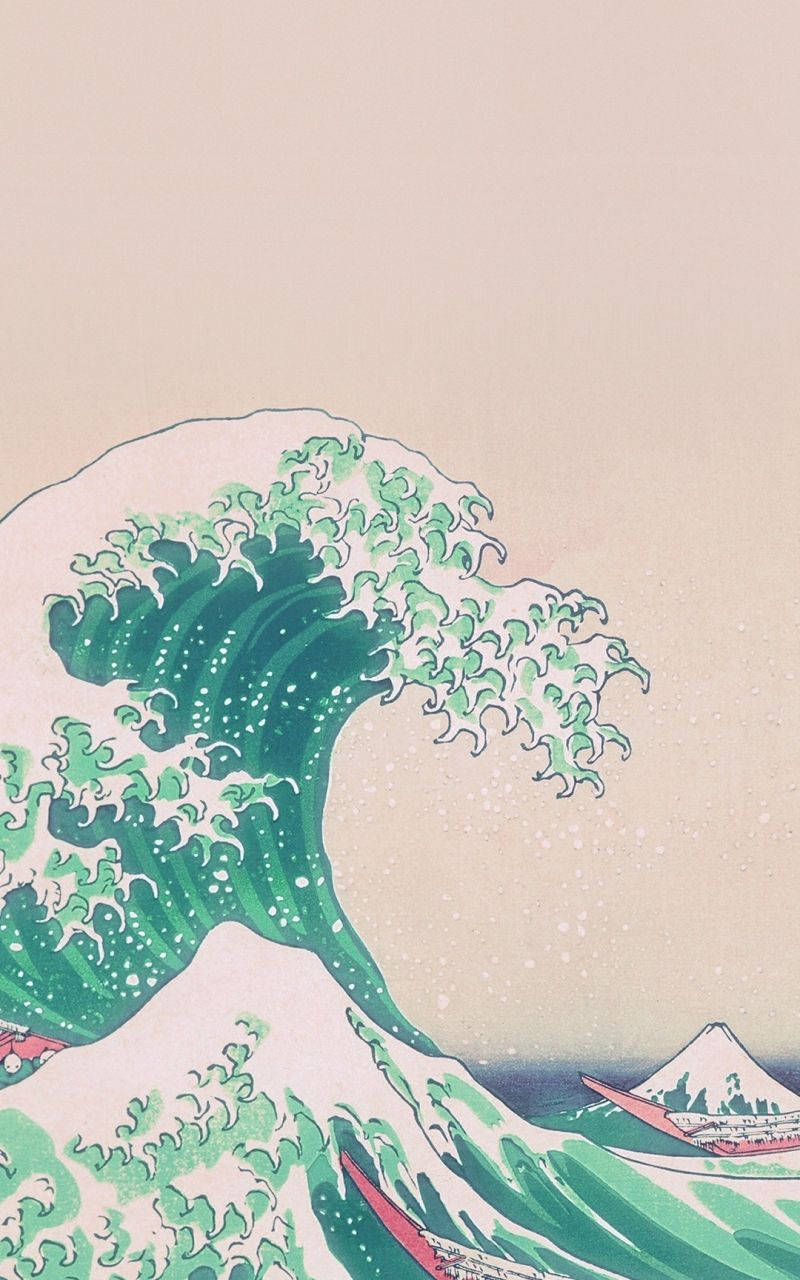 Cute Wave Aesthetic Phone 壁紙 — 一道高聳的綠色巨浪撲向小船，遠處富士山在蒼白天空下若隱若現。