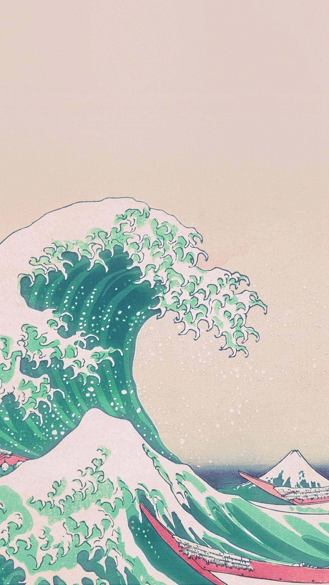 japanese aesthetic iPhone 桌布 壁紙 — 一道高聳的綠色巨浪衝向船隻，遠處富士山在蒼白天空下若隱若現。