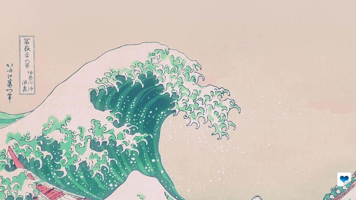 深綠色美學動態圖 桌布 壁紙 — 一道高聳的綠色波浪帶著白色泡沫撞向蒼白的天空，呈現經典的日本木版畫風格。