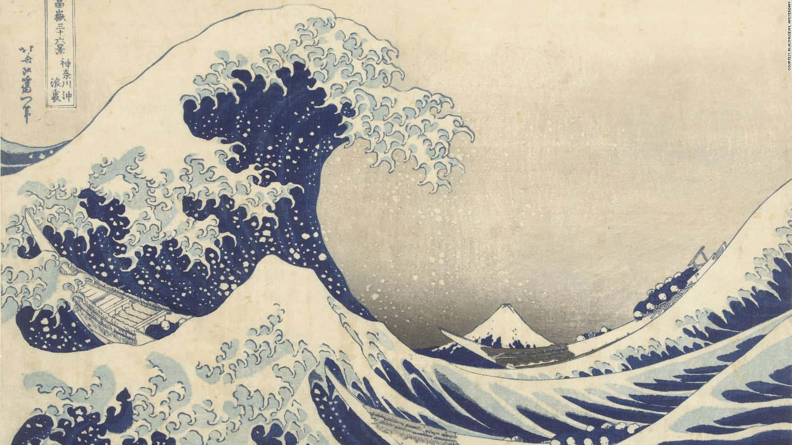 梵高 桌布 壁紙 — 一道高聳的藍色巨浪翻騰，帶著白色泡沫的浪尖，使小船顯得渺小，而白雪覆蓋的富士山在遠方寧靜地矗立。