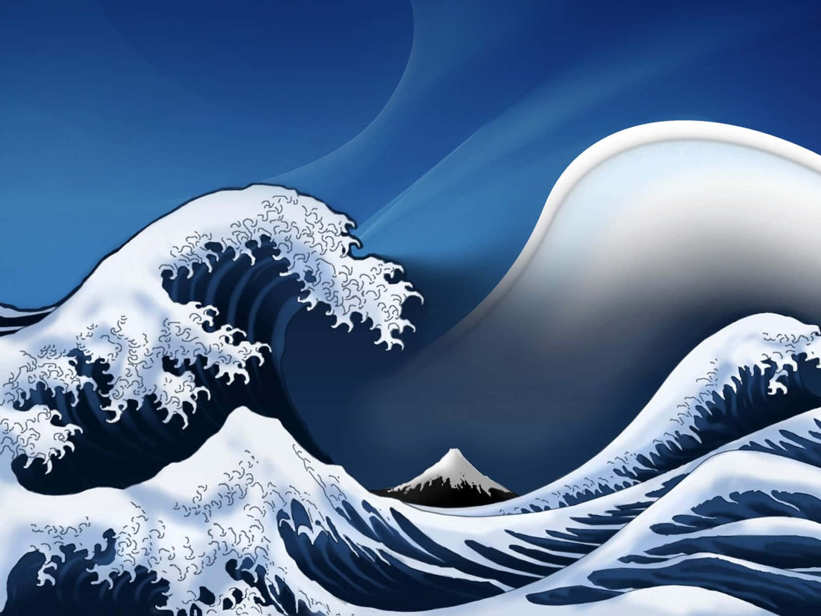 Painting 桌布 壁紙 — 一道高聳的藍色波浪帶著白色泡沫向前衝，遠處的富士山在深藍色的天空下。