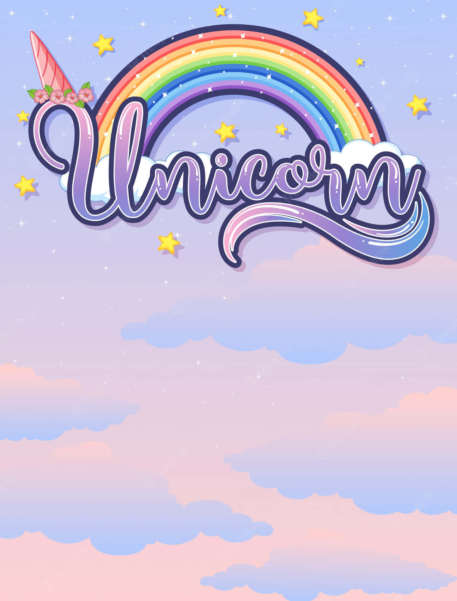 Pastel Unicorn 桌布 壁紙 — 一道鮮豔的彩虹拱在閃爍字體寫成的「Unicorn」一詞之上，背景是帶有星星和雲朵的粉彩天空。