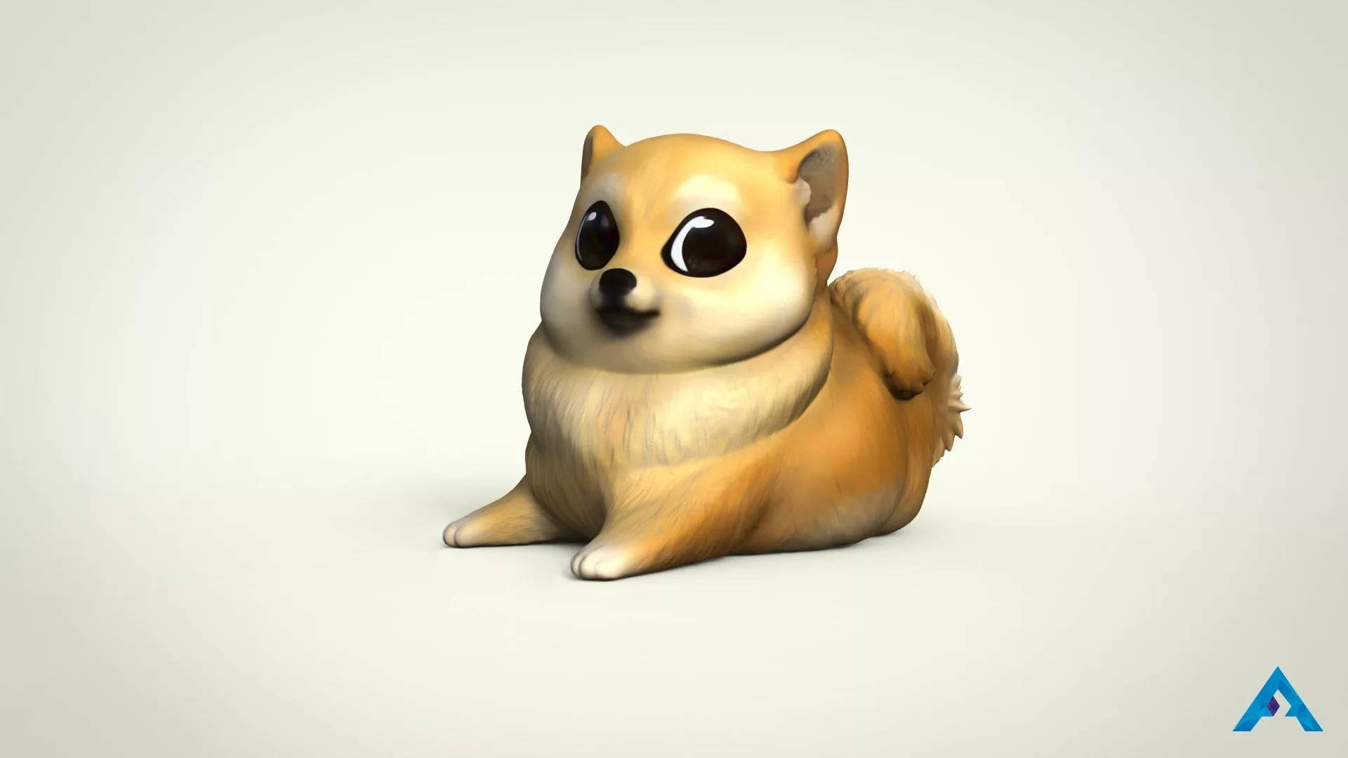 一隻可愛的3D渲染柴犬幼犬，大眼睛，平靜地坐著。