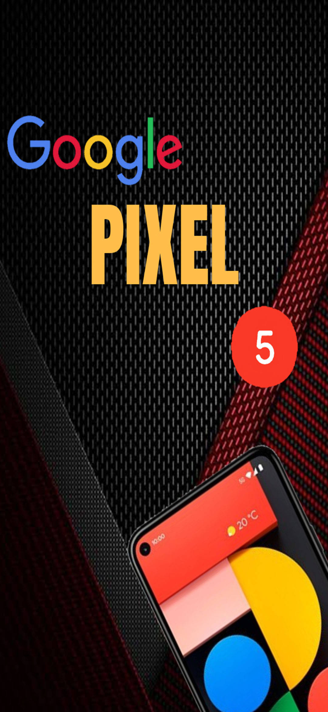 google 桌布 壁紙 — 一部 Google Pixel 5 智能手機在帶有紅色對角線裝飾的黑色紋理背景上顯示色彩繽紛的應用程式圖標。