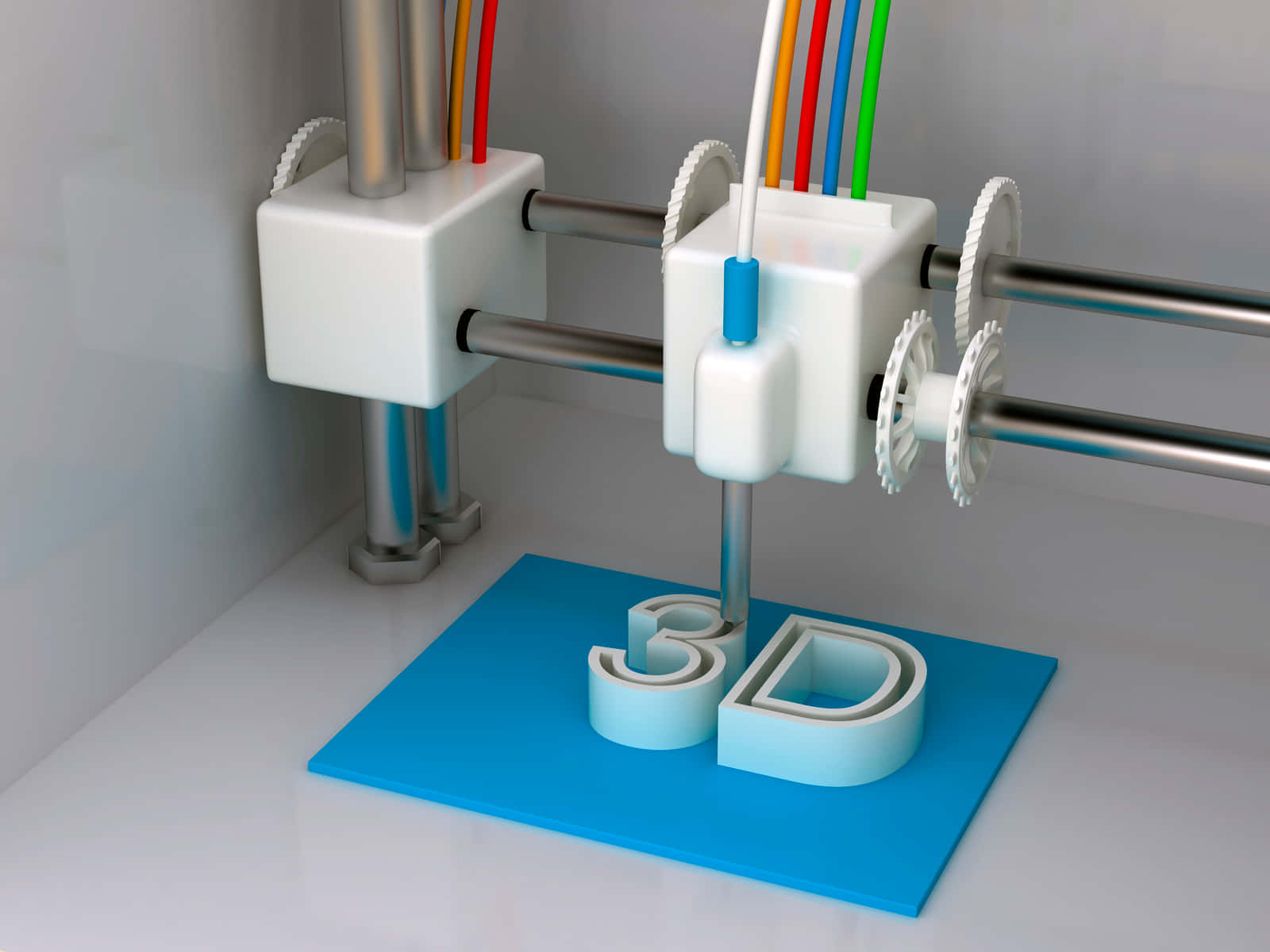 3d Printer 桌布 壁紙 — 一部3D打印機擠出淺藍色線材，在帶有彩色電纜和齒輪的藍色構建板上形成字母3d。