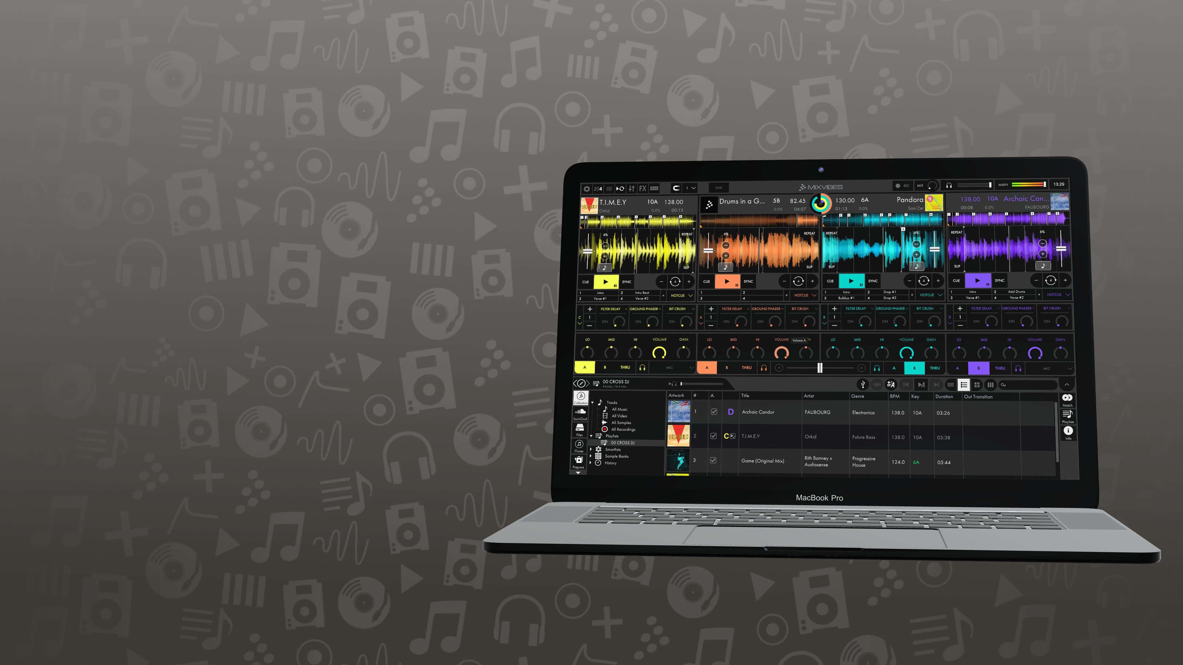 DJ 桌布 壁紙 — 一部MacBook Pro在帶有音樂圖標圖案的灰色背景上顯示充滿活力的音樂製作軟件界面。