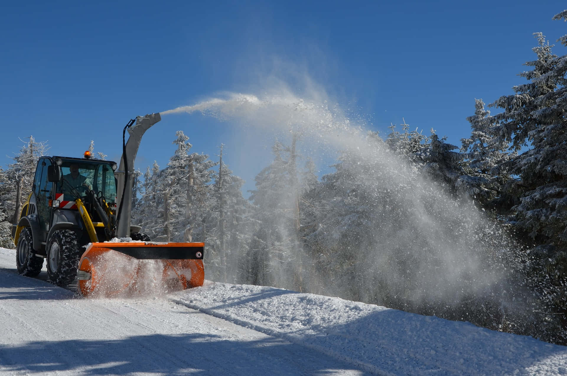 Snowplow 桌布 壁紙 — 一部亮橙色的吹雪機在晴朗的藍天下清理森林中積雪的小徑。