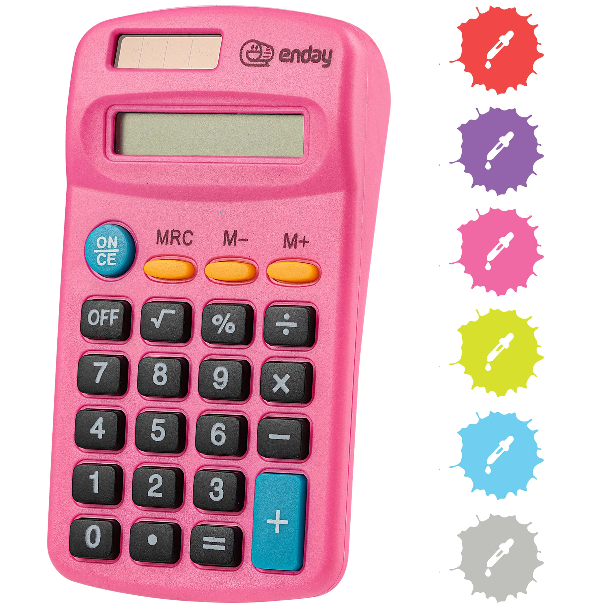 Calculator 桌布 壁紙 — 一部亮粉紅色手提計算機，帶有黑色按鈕和彩色濺射圖標，顯示替代顏色選項。