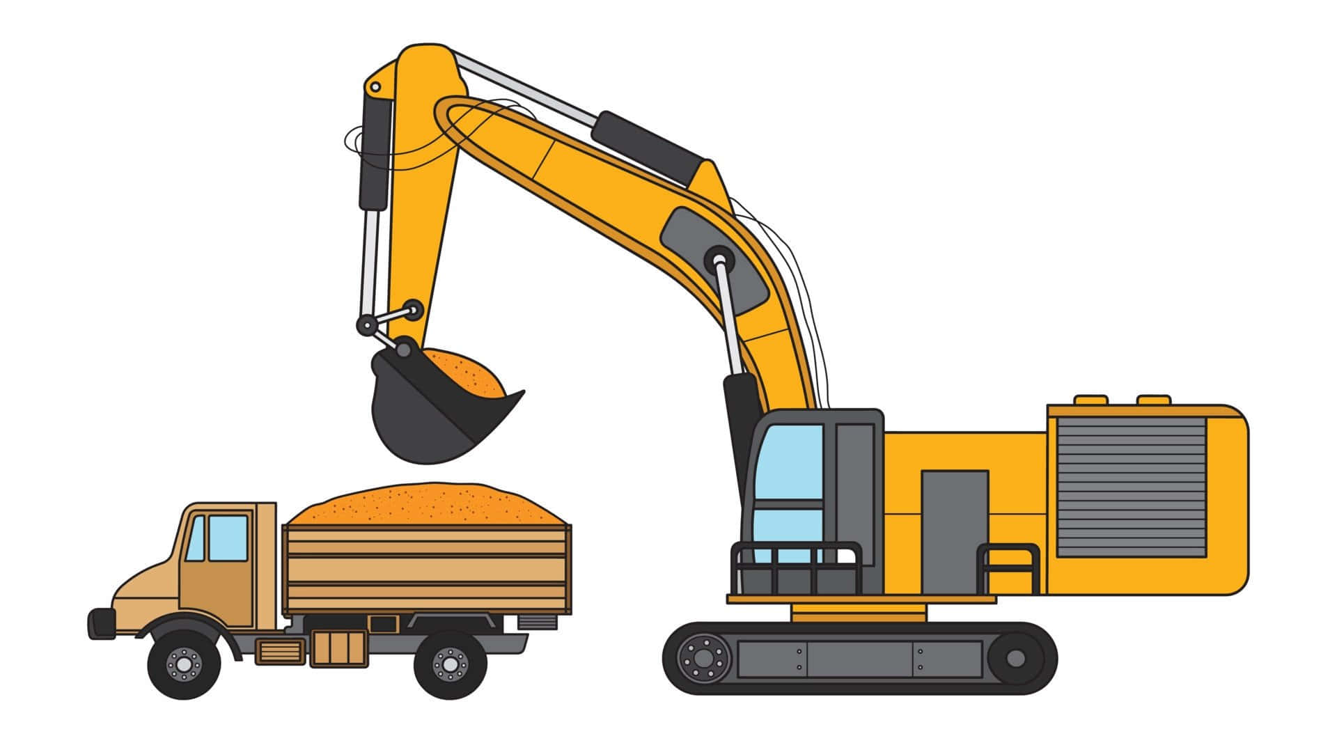 Clipart 桌布 壁紙 — 一部亮黃色嘅挖掘機喺純白背景前將橙色碎石裝載到米色傾卸車上。
