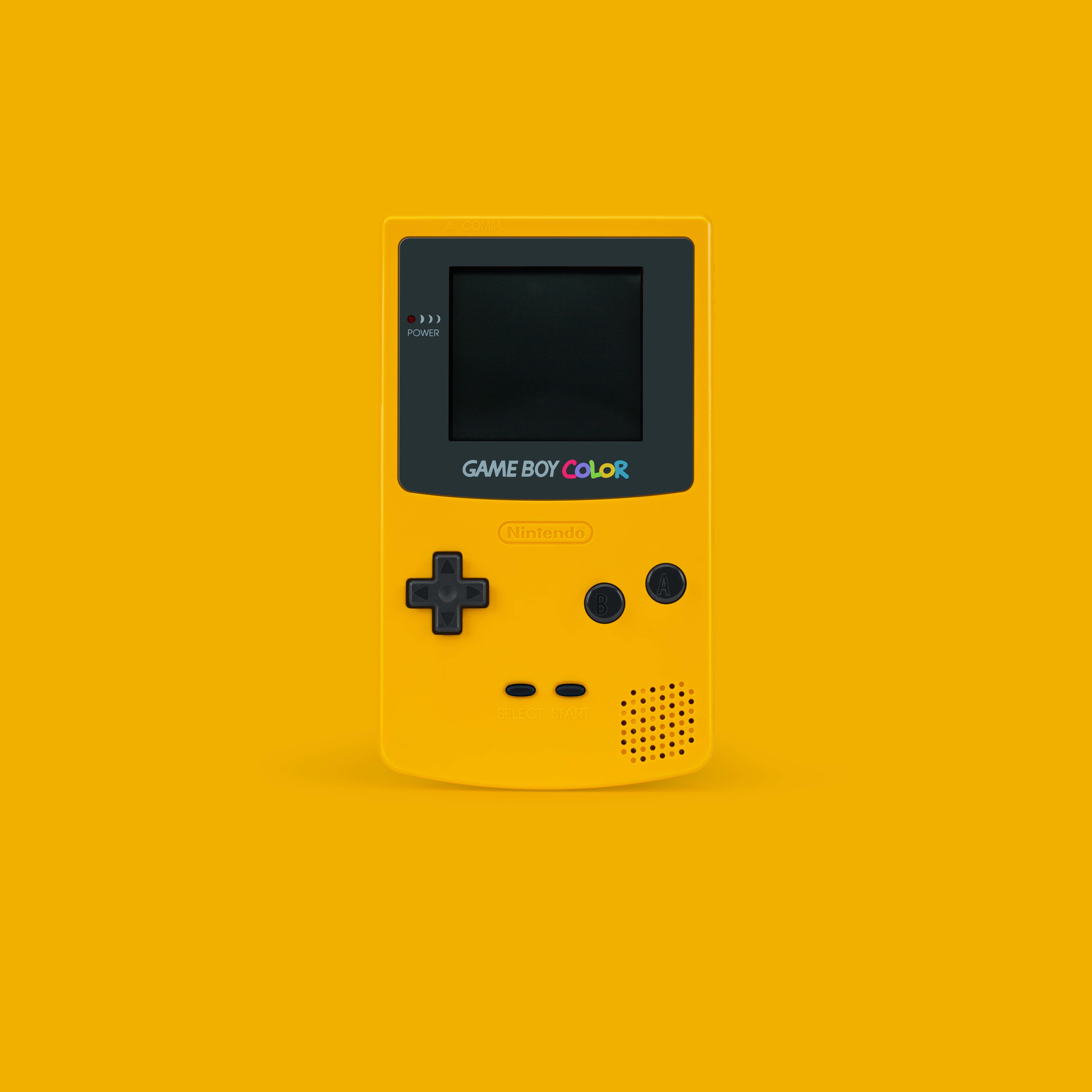 Gaming Consoles 桌布 壁紙 — 一部亮黃色的 Nintendo Game Boy Color 主機，置中於純黃色背景上。
