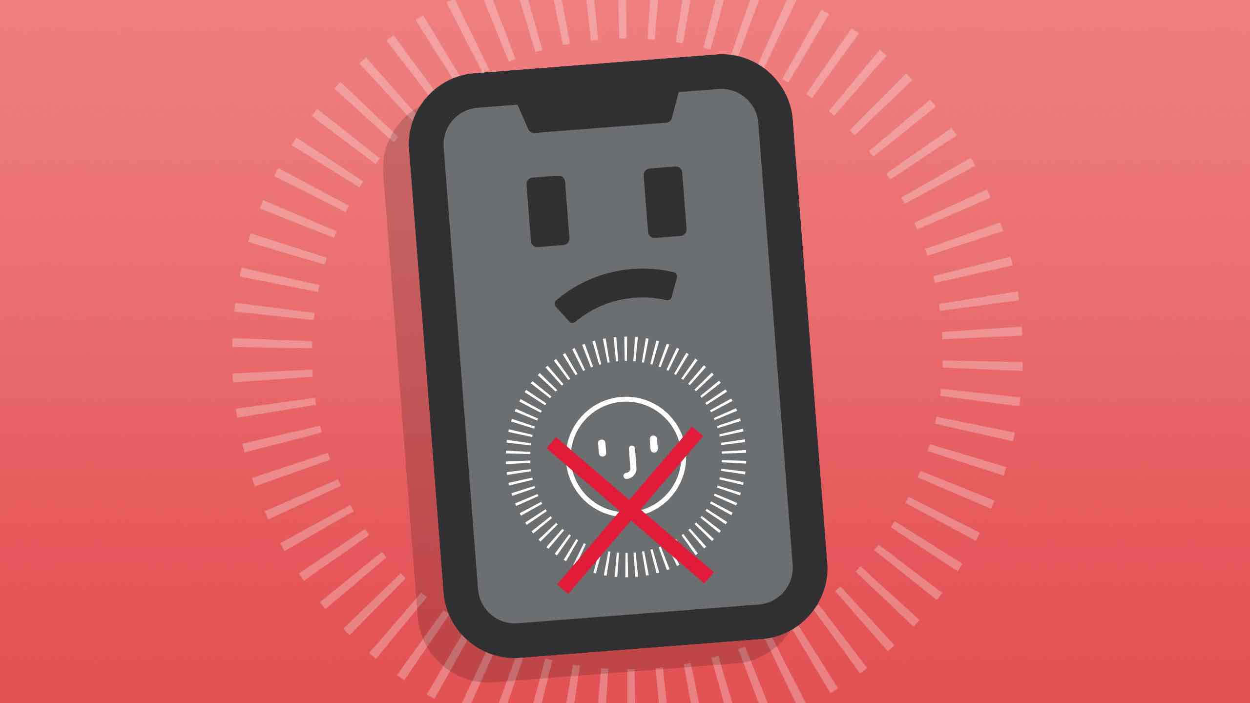 Face Id 桌布 壁紙 — 一部卡通智能手機，屏幕上有一個悲傷的表情和一個被劃掉的微笑圖標，背景為紅色漸變。