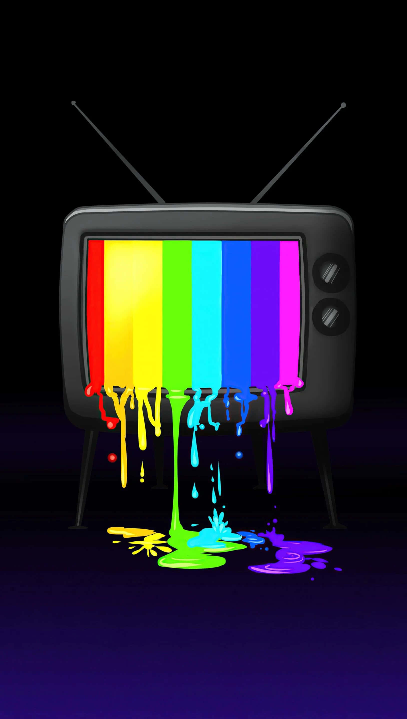 tv 桌布 壁紙 — 一部帶有彩虹測試圖案的復古電視機在黑色背景的深色地板上滴落彩色油漆。