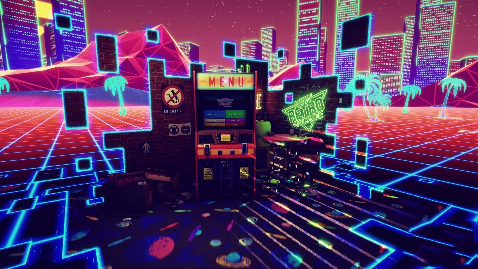 Retro Gaming 桌布 壁紙 — 一部復古未來風格的街機在霓虹燈下發光，背景是帶有棕櫚樹和網格線的賽博龐克城市景觀。