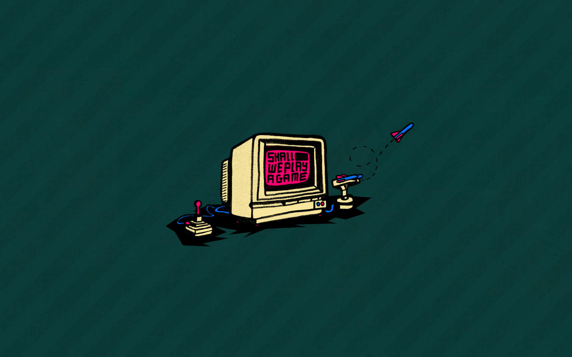 Retro Gaming 桌布 壁紙 — 一部復古米色電腦，帶有操縱桿和粉紅色屏幕，在深青綠色背景上顯示「SHALL WE PLAY A GAME」。