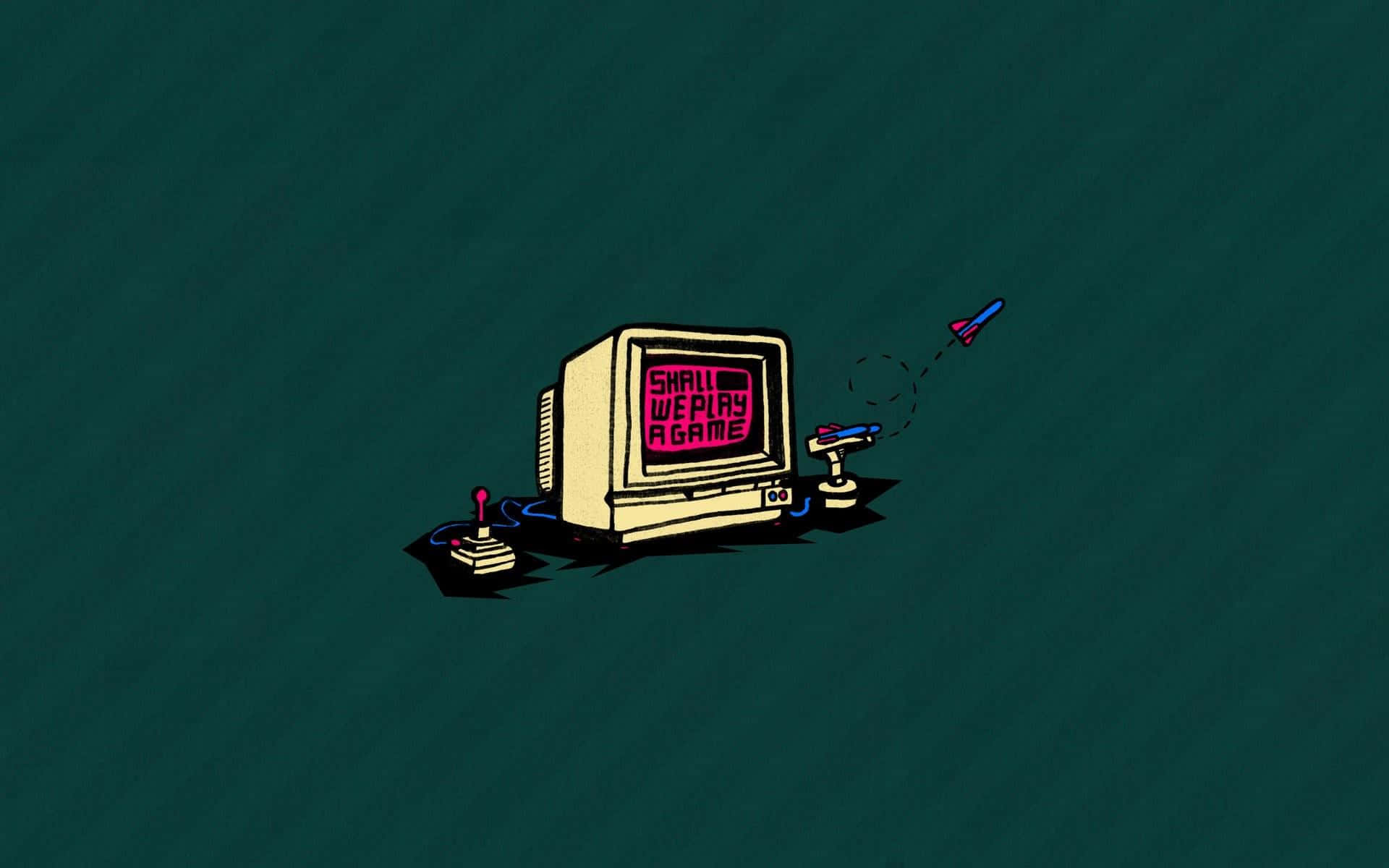 Minimalist Gaming 桌布 壁紙 — 一部復古米色電腦配備操縱桿，在深藍綠色背景上顯示「SHALL WE PLAY A GAME」，同時一枚火箭從其側面發射。