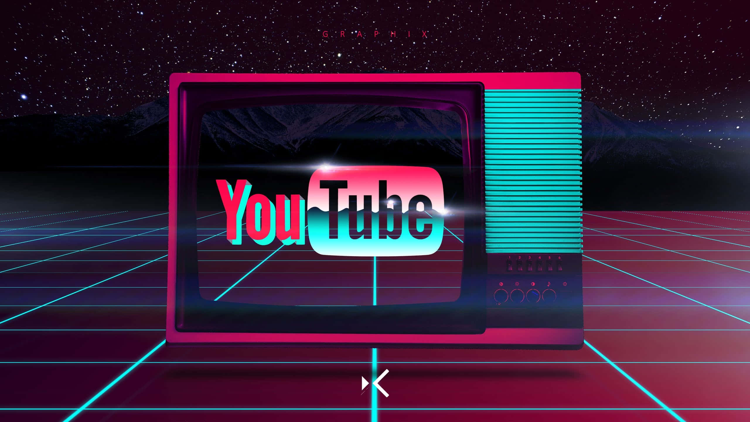 YouTube Logo 桌布 壁紙 — 一部復古電視在星空夜空和霓虹網格線背景下顯示YouTube標誌。