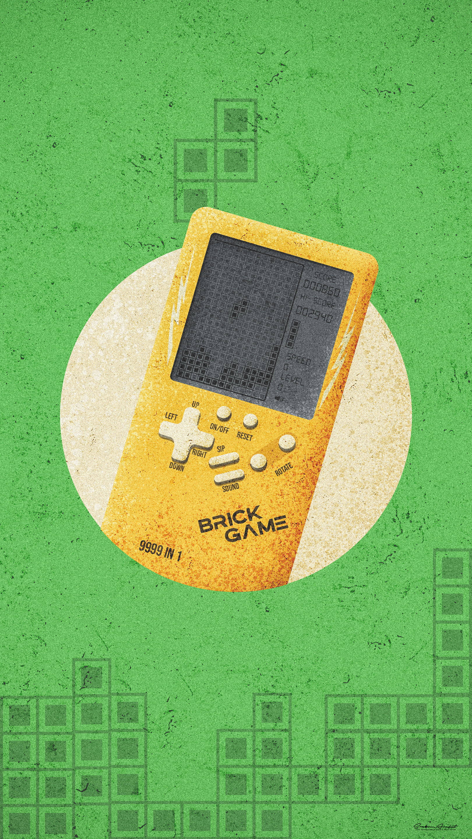 Vintage 90s Brick Game Aesthetic 壁紙 — 一部復古黃色手提遊戲機，在帶有紋理的綠色背景上顯示打磚塊遊戲，背景有模糊的網格圖案。