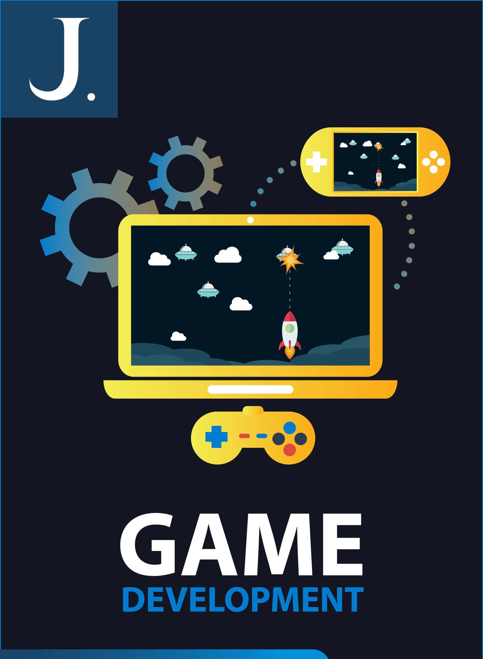 Game Development 桌布 壁紙 — 一部手提電腦和手提遊戲機顯示火箭遊戲，周圍有齒輪漂浮的風格化插圖。