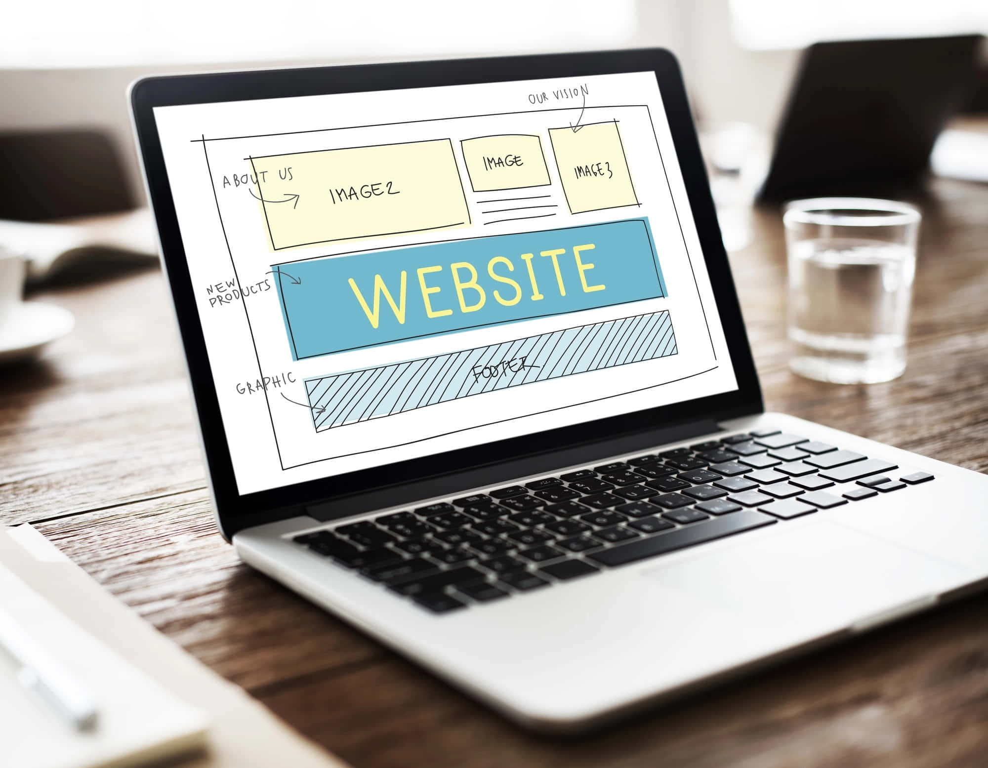 Website 桌布 壁紙 — 一部手提電腦在木桌上顯示手繪網站線框圖，旁邊有一杯水。