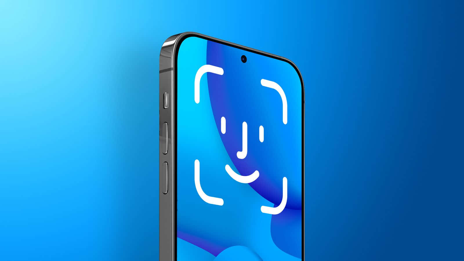 Face Id 桌布 壁紙 — 一部時尚智能手機，屏幕上帶有微笑臉部掃描疊加層，背景為漸變藍色。