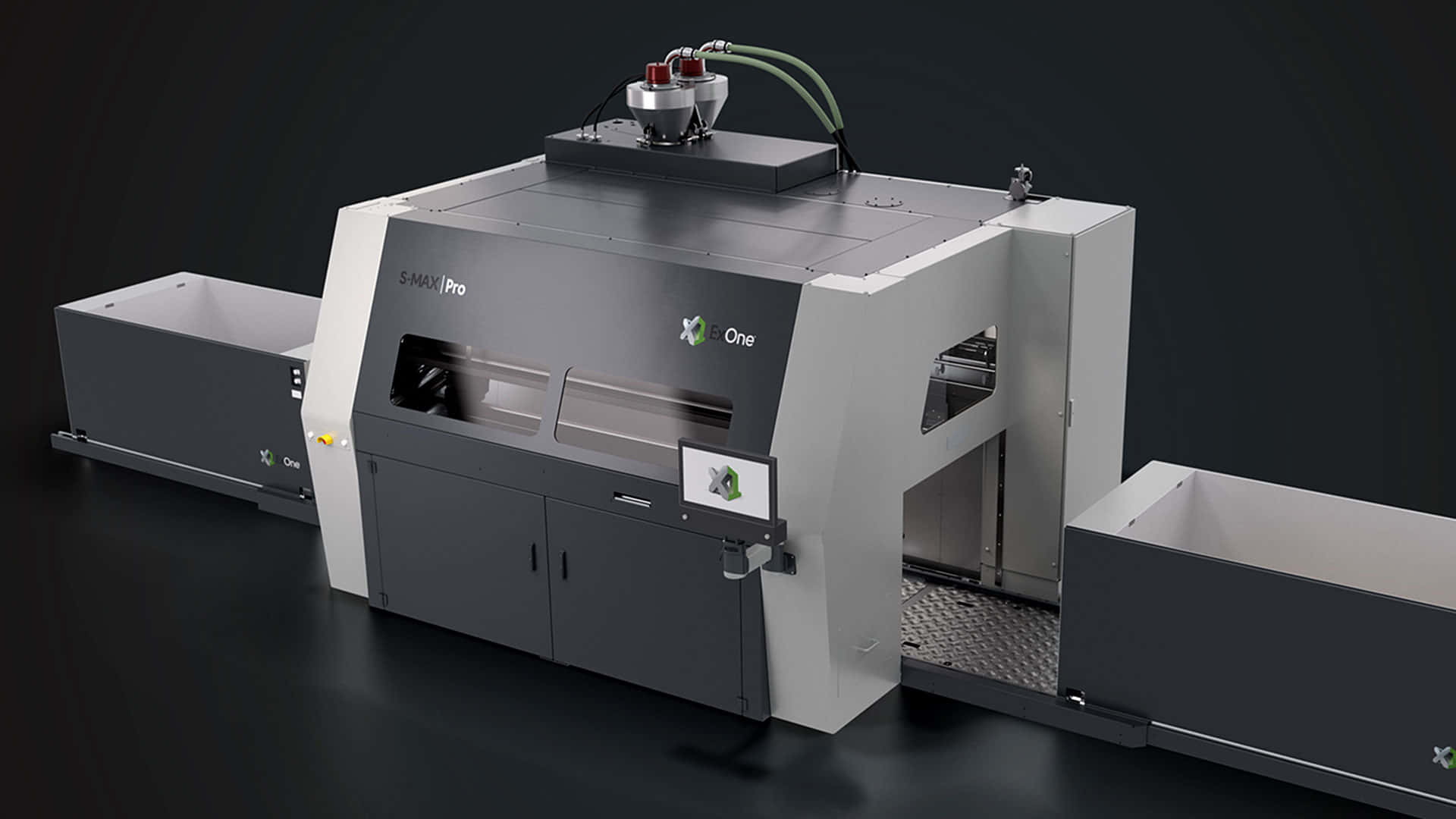 3d Printer 桌布 壁紙 — 一部時尚現代工業打印機，帶有灰色和白色面板，立在深色背景前。