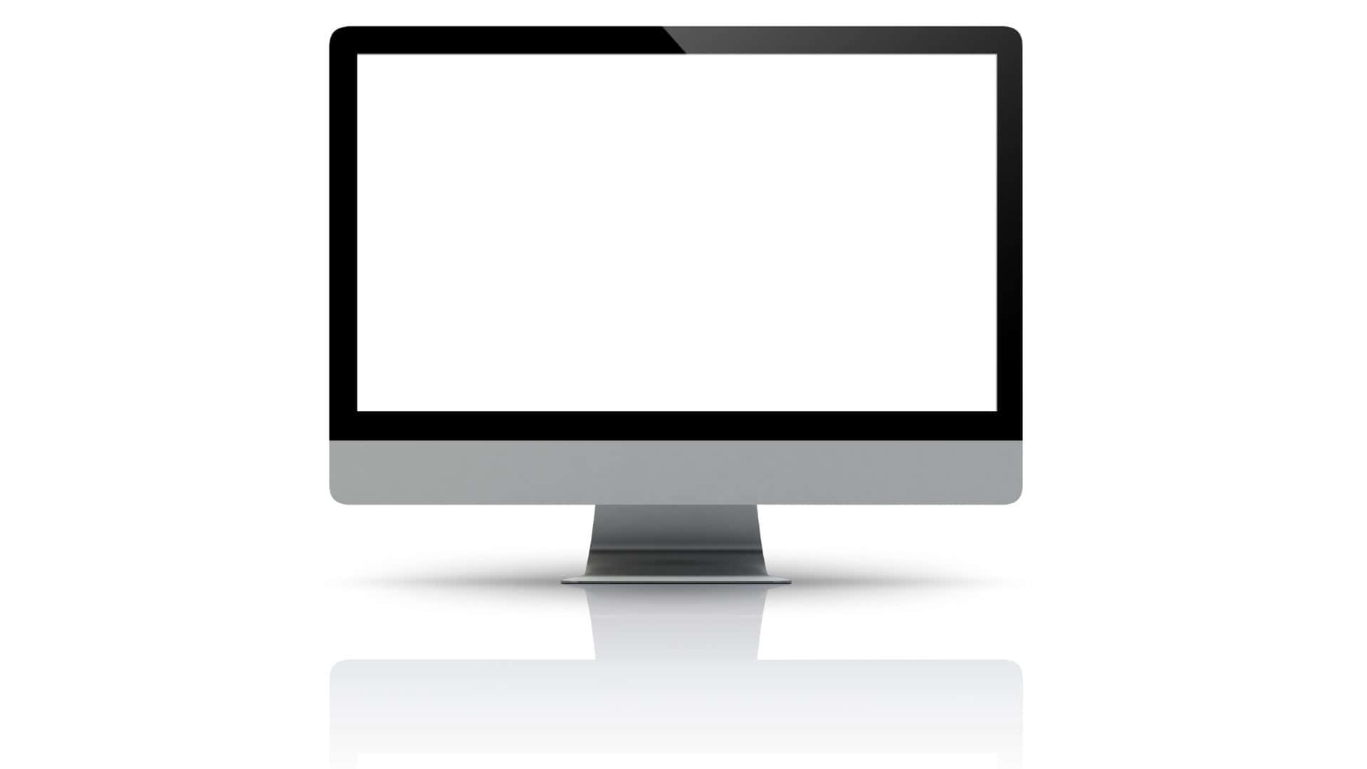 Computer Screen 桌布 壁紙 — 一部時尚現代的All-in-One電腦，配備空白白色螢幕和銀色底座，置於反光白色表面上。